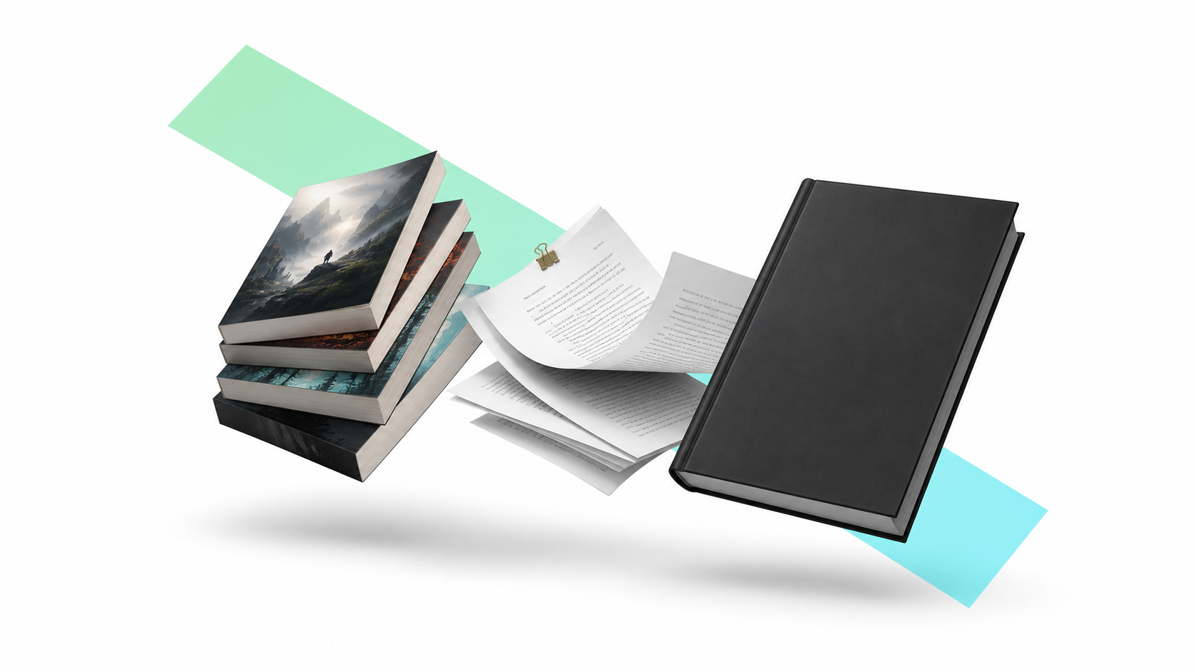Studio arrangement of books and manuscript pages.