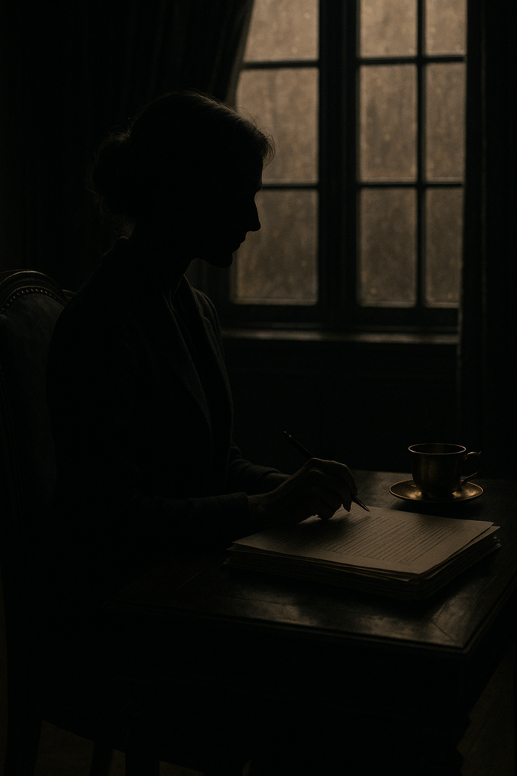 A novelist's dark study with manuscript pages and warm brass light.