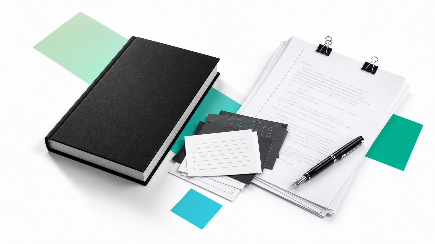 A black hardcover novel with manuscript planning materials.
